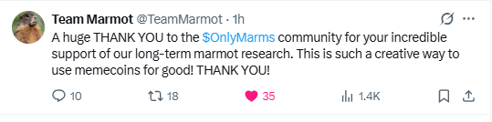 Screenshot of a tweet from Team Marmot thanking the $OnlyMarms community